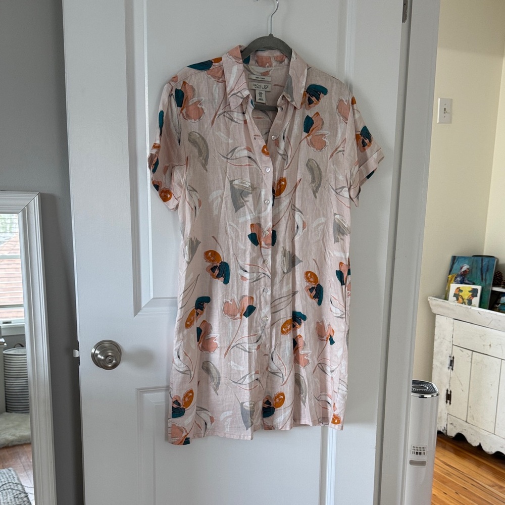 Rachel Zoe Pink Linen Blend Button-Up Shirt Dress  with Pockets M